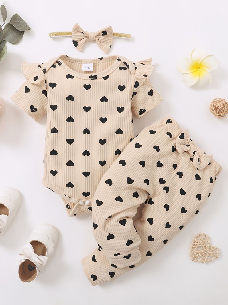 Toddler Baby Piger Heart Print Bodysuit + Buksesæt + Pandebånd Onesie Babytøj