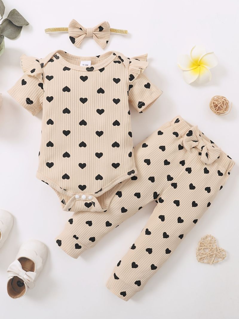 Toddler Baby Piger Heart Print Bodysuit + Buksesæt + Pandebånd Onesie Babytøj