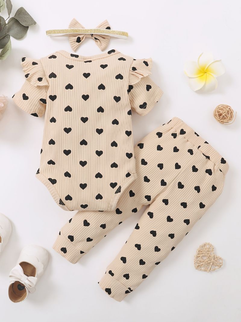 Toddler Baby Piger Heart Print Bodysuit + Buksesæt + Pandebånd Onesie Babytøj