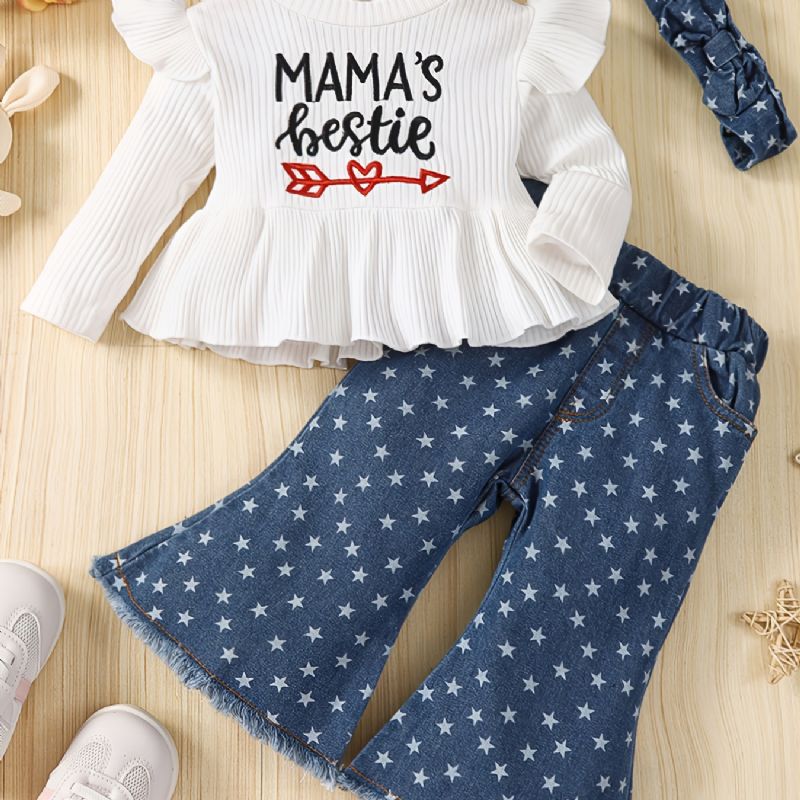 Toddler Baby Piger White Letter Print Top + Stjernemønster Flared Denimbukser