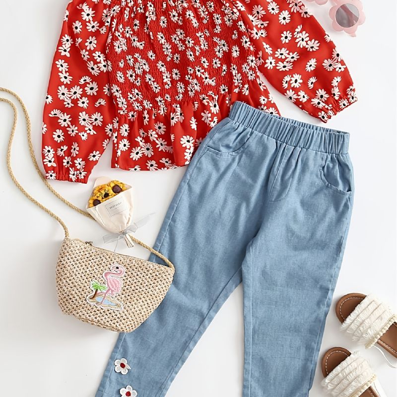 Toddler Piger Daisy Shirred Peplum Top & Appliques Jeanssæt