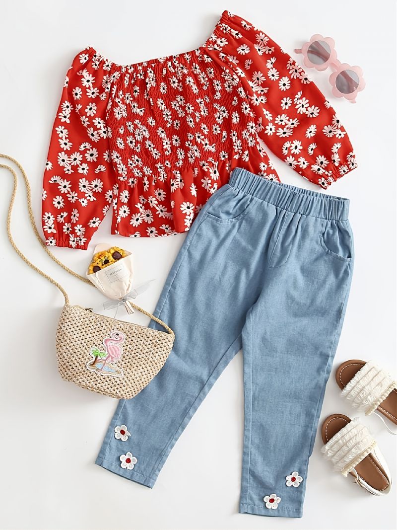 Toddler Piger Daisy Shirred Peplum Top & Appliques Jeanssæt