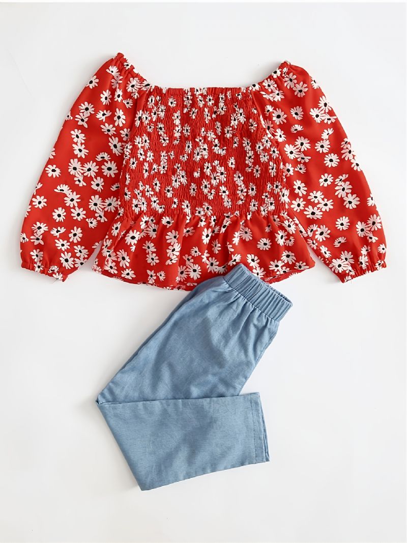 Toddler Piger Daisy Shirred Peplum Top & Appliques Jeanssæt