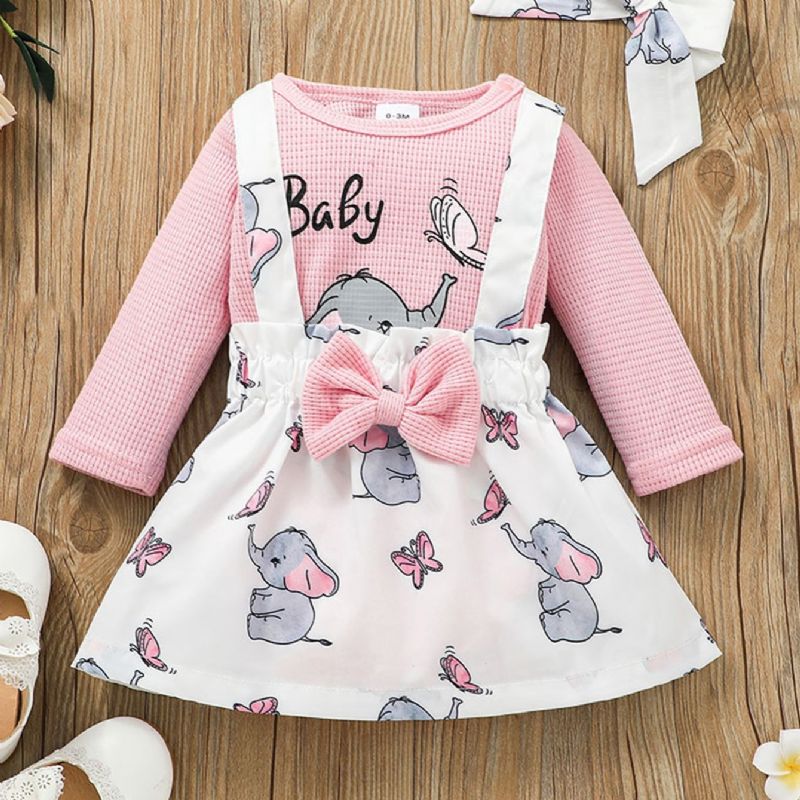 Toddler Piger Elephant Butterfly Print Langærmet Bluse & Overall Nederdel Sæt