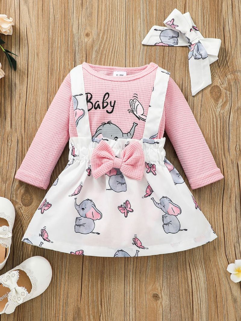 Toddler Piger Elephant Butterfly Print Langærmet Bluse & Overall Nederdel Sæt