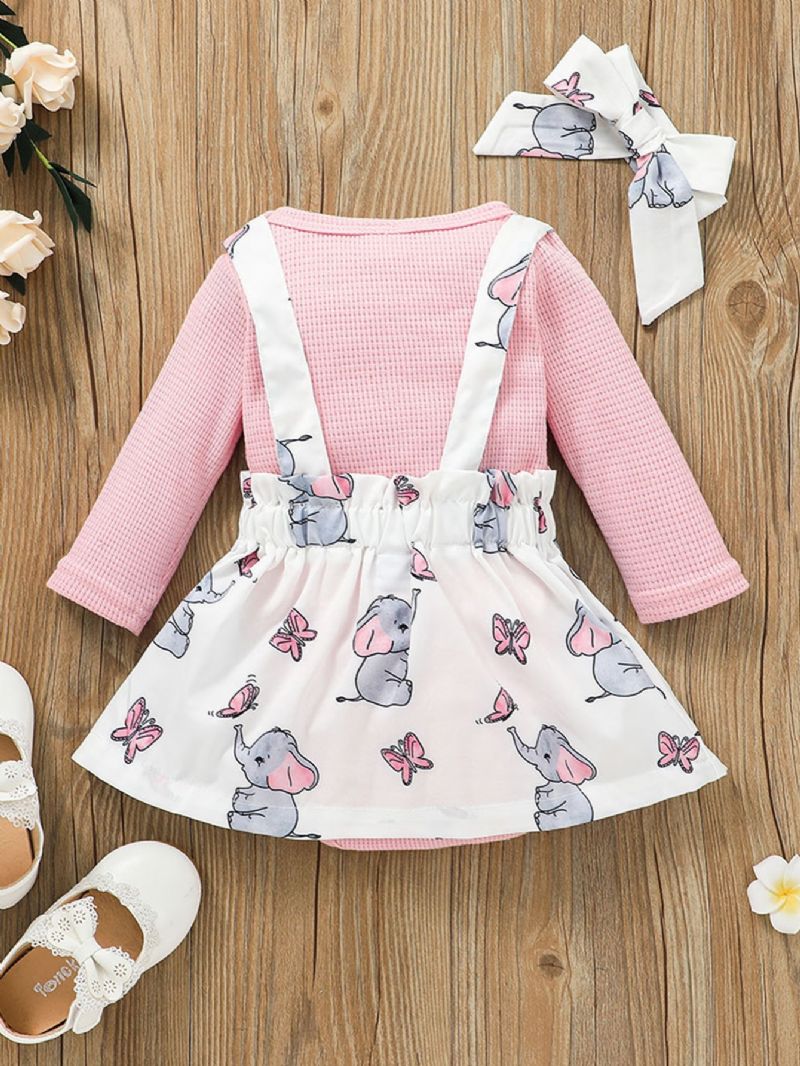 Toddler Piger Elephant Butterfly Print Langærmet Bluse & Overall Nederdel Sæt