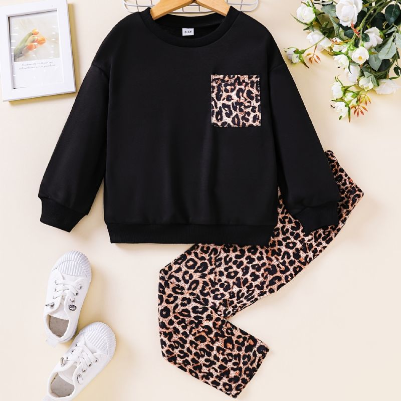 Toddler Piger Sweater Efterår Leopard Print Leggings Sort Suit