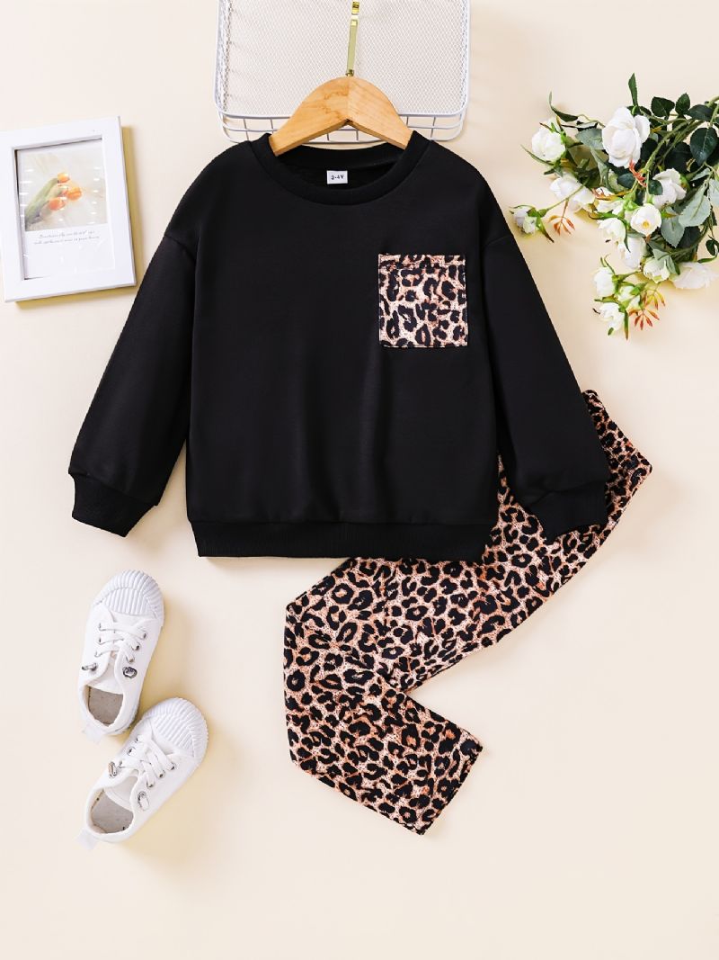 Toddler Piger Sweater Efterår Leopard Print Leggings Sort Suit