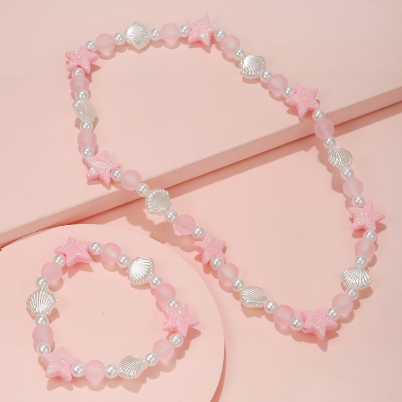 Piger Halskæde Sæt Hvid Shell Pink Star Stretch Beads Armbånd Sæt