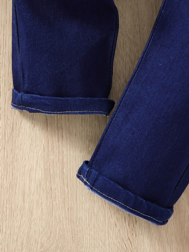 2 Stk Piger Hvid Pufærm Top Elastisk Talje Denim Jeans Bukser Sæt Tøj