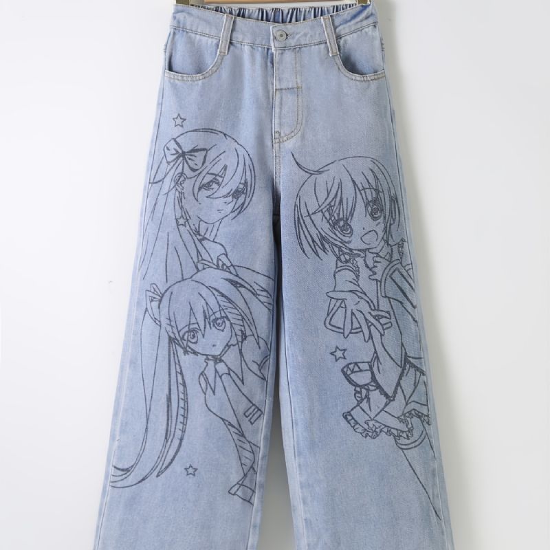 Anime Print Preppy Jeans Med Lige Ben Til Piger