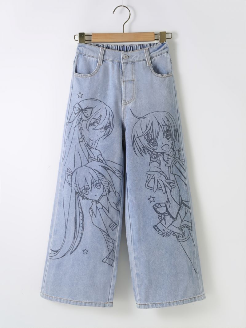 Anime Print Preppy Jeans Med Lige Ben Til Piger