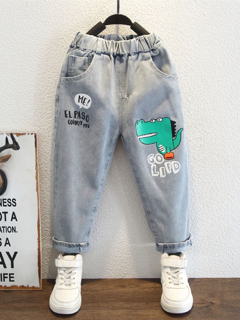 Baby Drenge Jeans Elastisk Talje Dinosaur Print Denimbukser Børnetøj