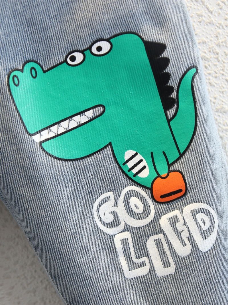 Baby Drenge Jeans Elastisk Talje Dinosaur Print Denimbukser Børnetøj