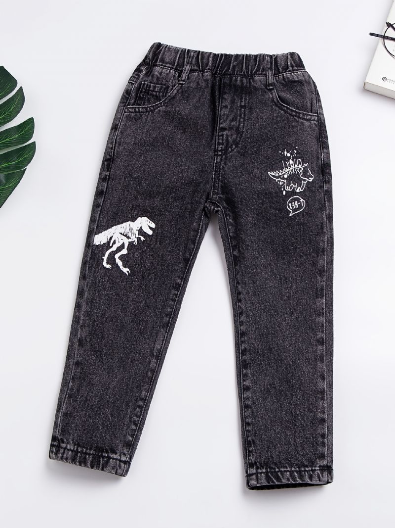 Baby Drenge Retro Jeans Casual Dinosaur Print Elastiske Talje Denimbukser Børnetøj