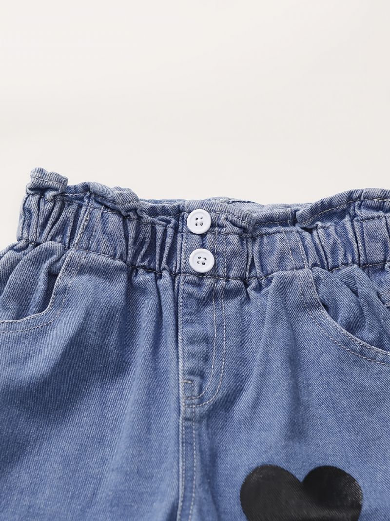 Babypiger Søde Vintage Denim Jeans Med Hjertetryk Elastisk Talje