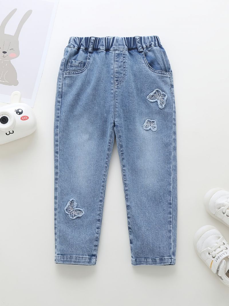 Babypiger Tilspidsede Jeans Med Sommerfugletryk Elastisk Linning Til Efterår Og Vinter Nyhed