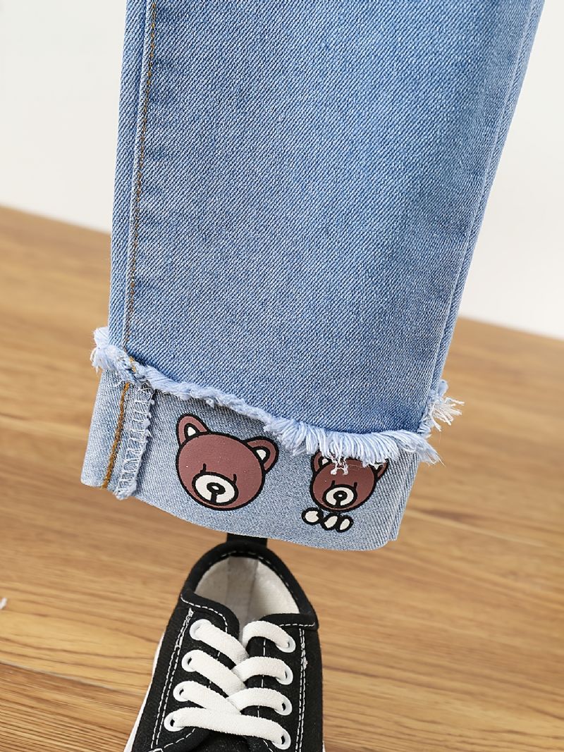 Børn Piger Casual Denim Cartoon Bear Print Jeans Forår Efterår