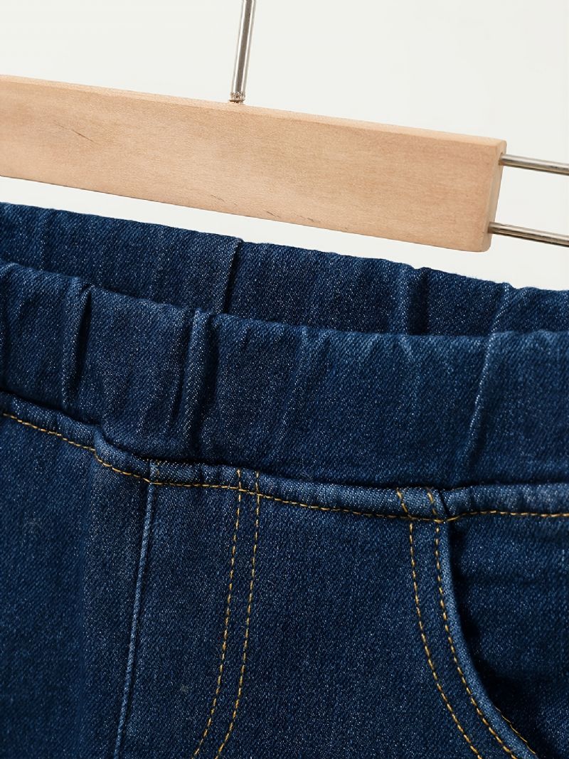 Børn Piger Denim Plys Varme Jeans Broderi Tegnefilm Efterår Vinter