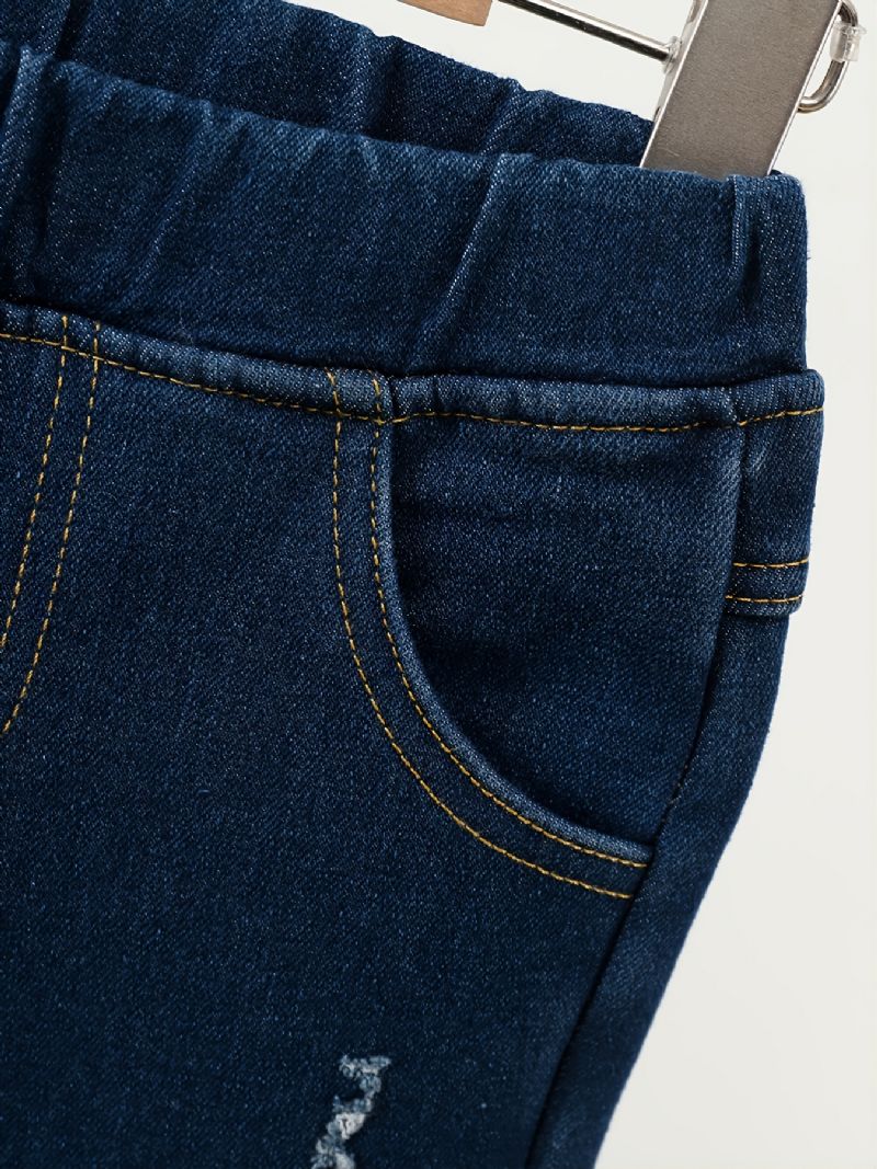 Børn Piger Denim Plys Varme Jeans Broderi Tegnefilm Efterår Vinter