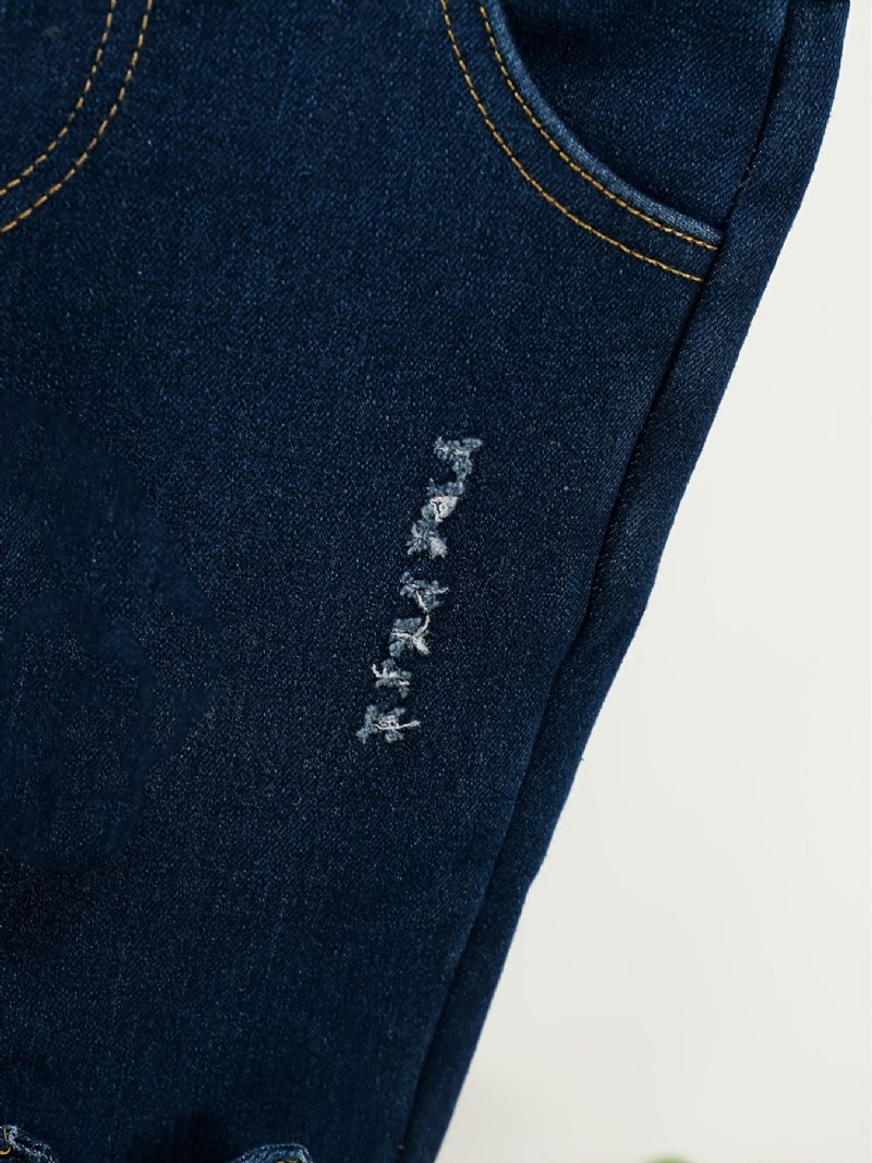 Børn Piger Denim Plys Varme Jeans Broderi Tegnefilm Efterår Vinter