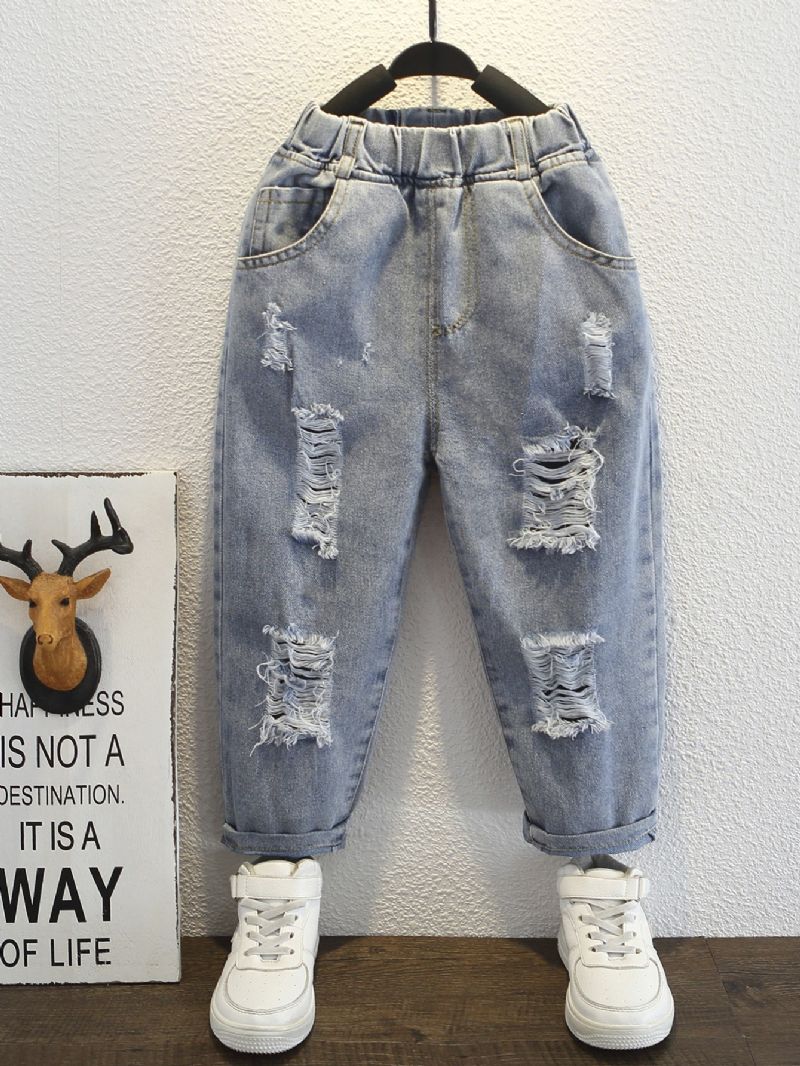 Drenge Casual Ripped Jeans Elastiske Talje Denimbukser