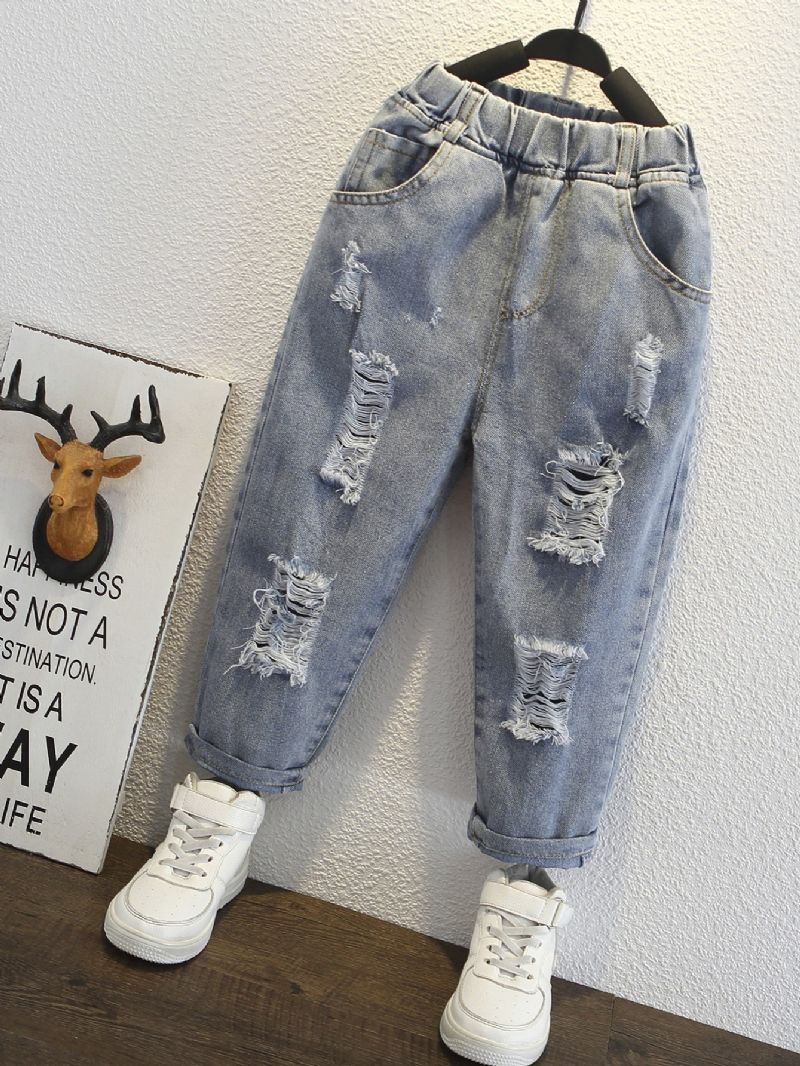 Drenge Casual Ripped Jeans Elastiske Talje Denimbukser