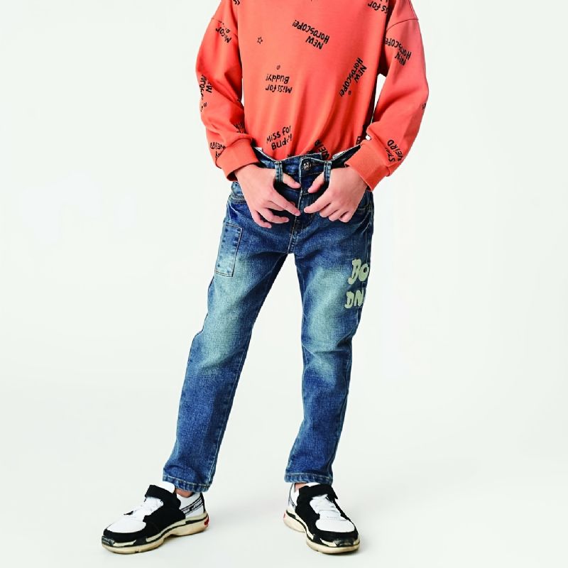 Drenge Casual Slim Fit Denim Jeans Med Dnm Print Mørkeblå