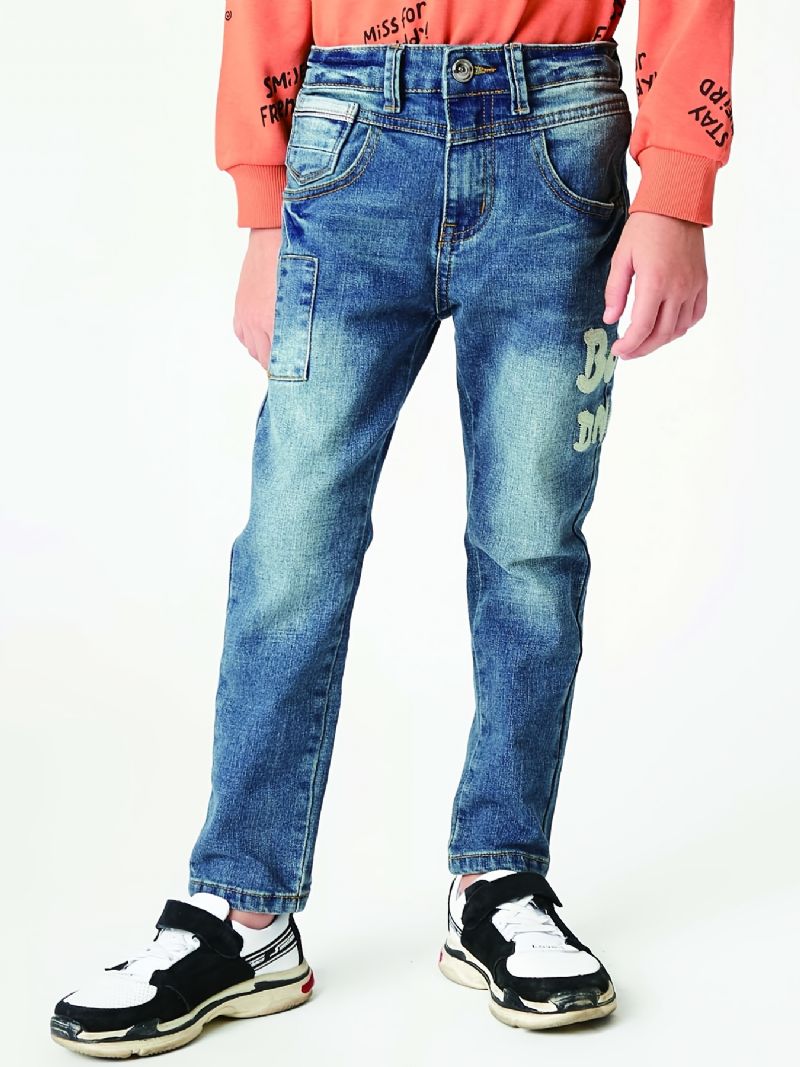 Drenge Casual Slim Fit Denim Jeans Med Dnm Print Mørkeblå