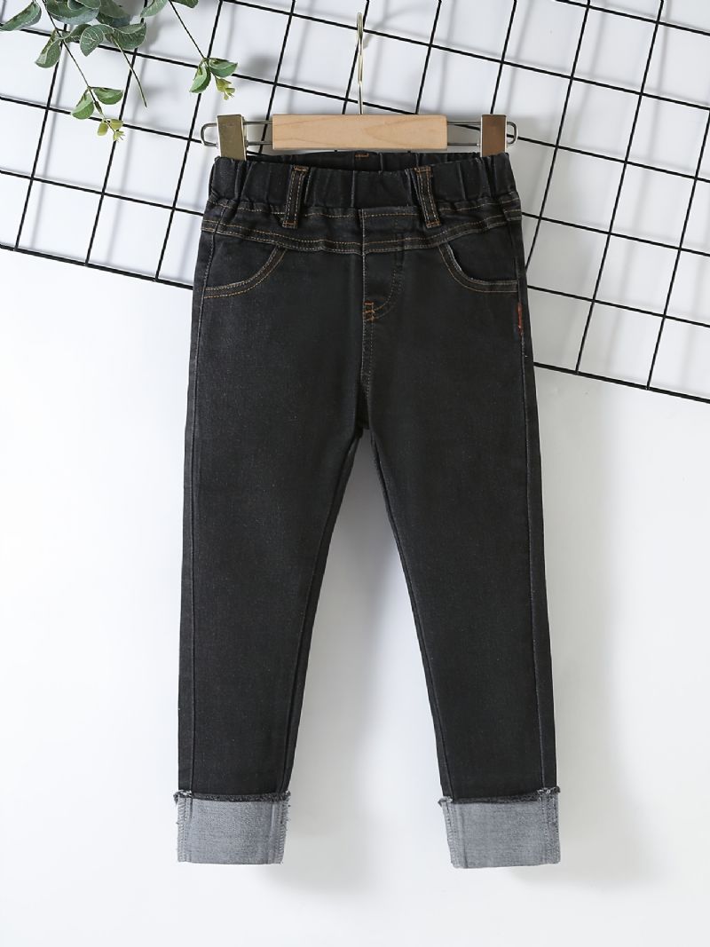 Drenge Casual Solid Sorte Denim Jeans Med Elastisk Talje