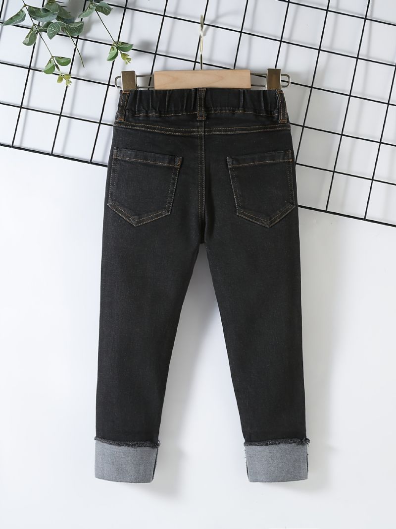 Drenge Casual Solid Sorte Denim Jeans Med Elastisk Talje