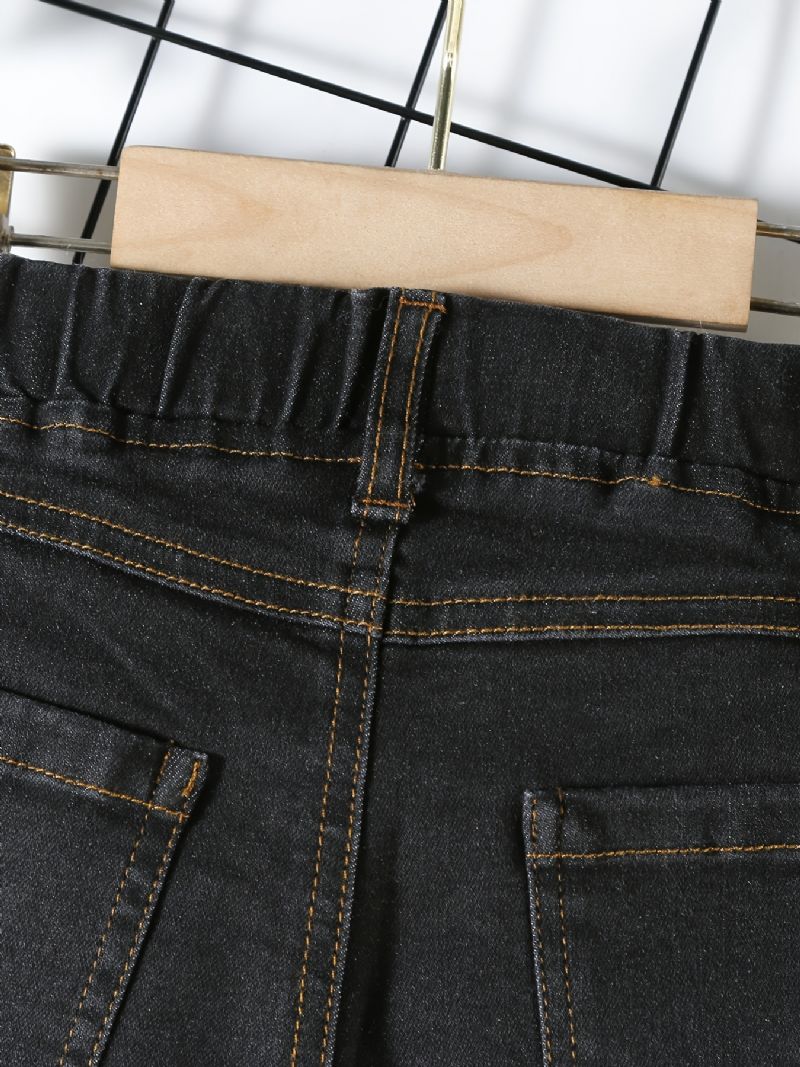 Drenge Casual Solid Sorte Denim Jeans Med Elastisk Talje