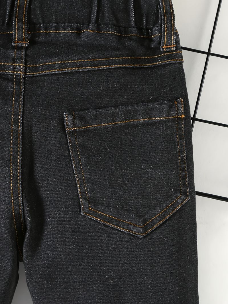 Drenge Casual Solid Sorte Denim Jeans Med Elastisk Talje