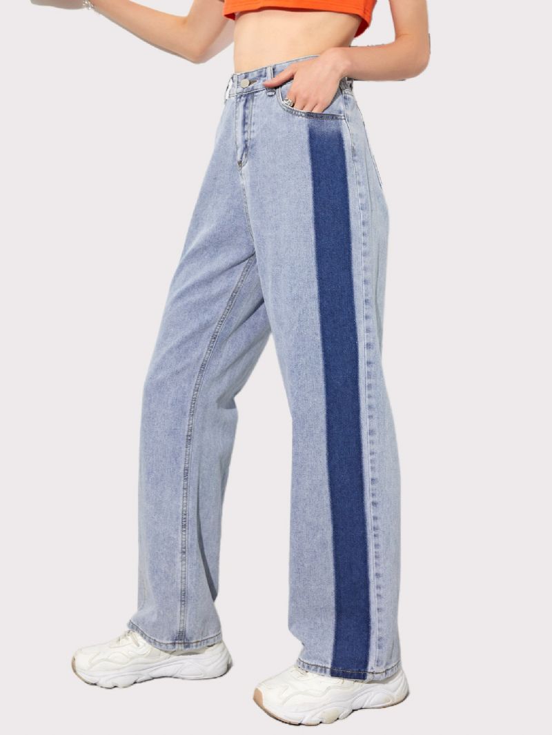 Kvinders Colorblock High Wasit Straight Leg Jeans Piger Button Fly Y2k Style