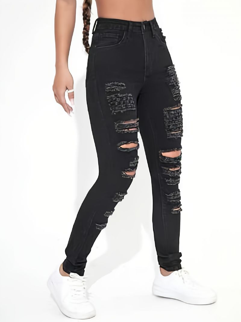 Kvinders Sorte Rippede Skinny-jeans Huller Piger I Y2k-stil