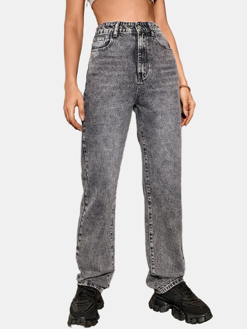 Lysegrå Jeansbukser Med Lige Ben Jeans I Y2k-stil Piger Løs Denimbukser Med Skrå Lommer