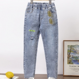 Piger Brev Broderi Elastisk Talje Denim Jeans Tøj