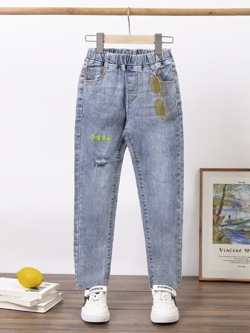 Piger Brev Broderi Elastisk Talje Denim Jeans Tøj