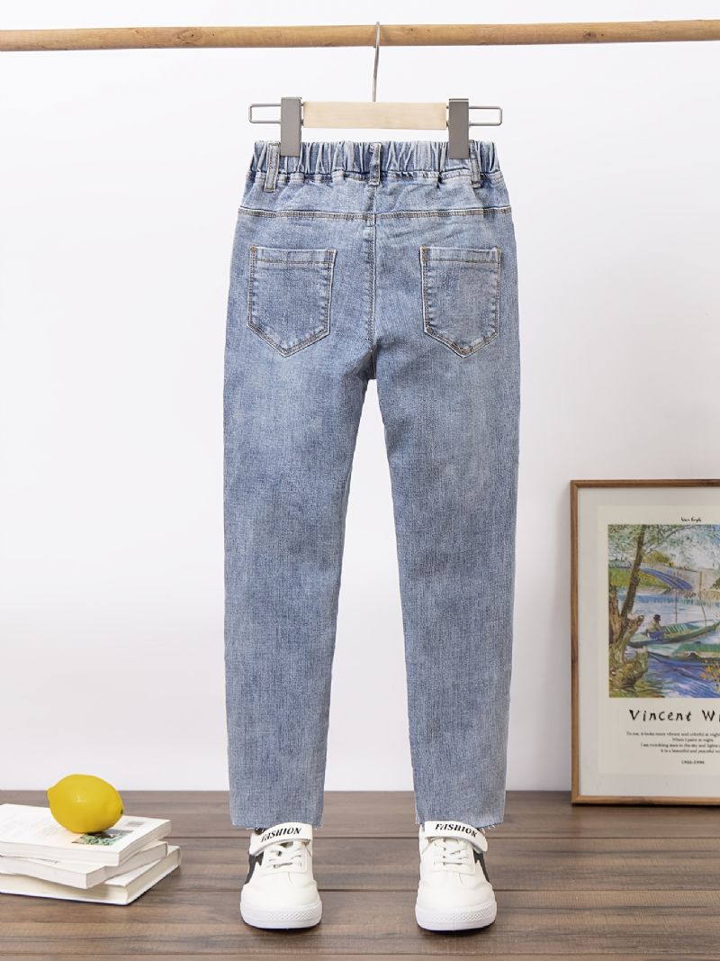 Piger Brev Broderi Elastisk Talje Denim Jeans Tøj