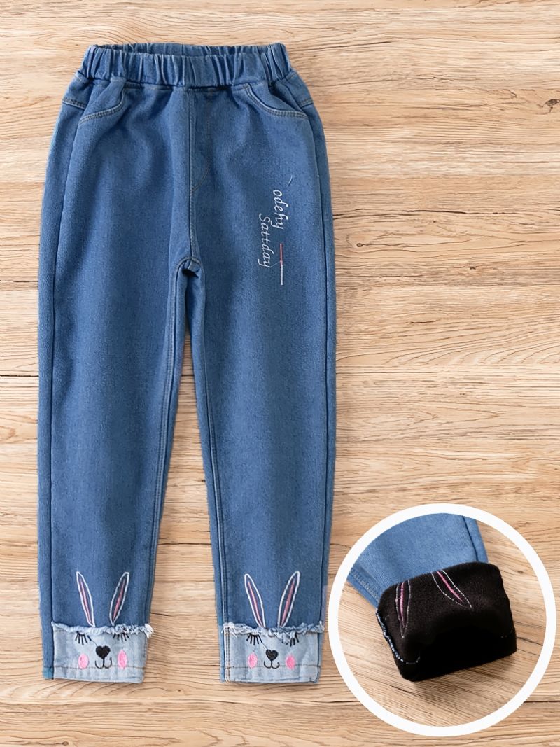 Piger Casual Fleece Termiske Jeans Med Tegneserie Kanin Print Til Vinter