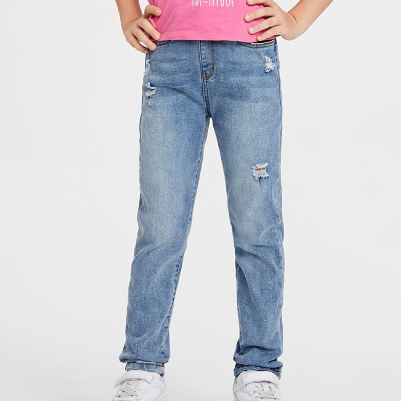 Piger Casual Loose Fit Ripped Denim Jeans Med Lomme Til Vinter Lyseblå