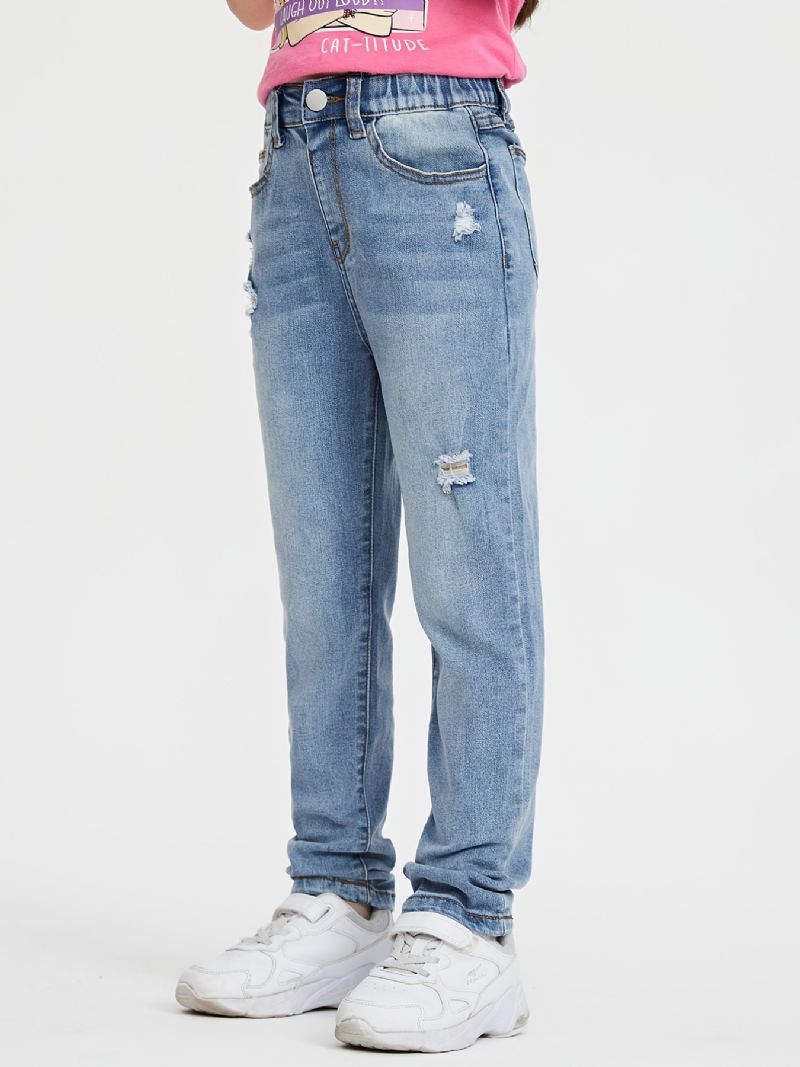 Piger Casual Loose Fit Ripped Denim Jeans Med Lomme Til Vinter Lyseblå