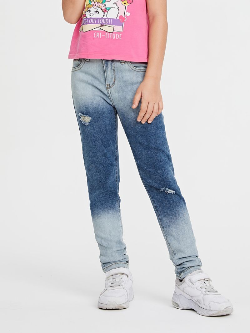 Piger Casual Loose Fit Ripped Denim Jeans Med Lomme Til Vinter Lyseblå & Mørkeblå Blanding