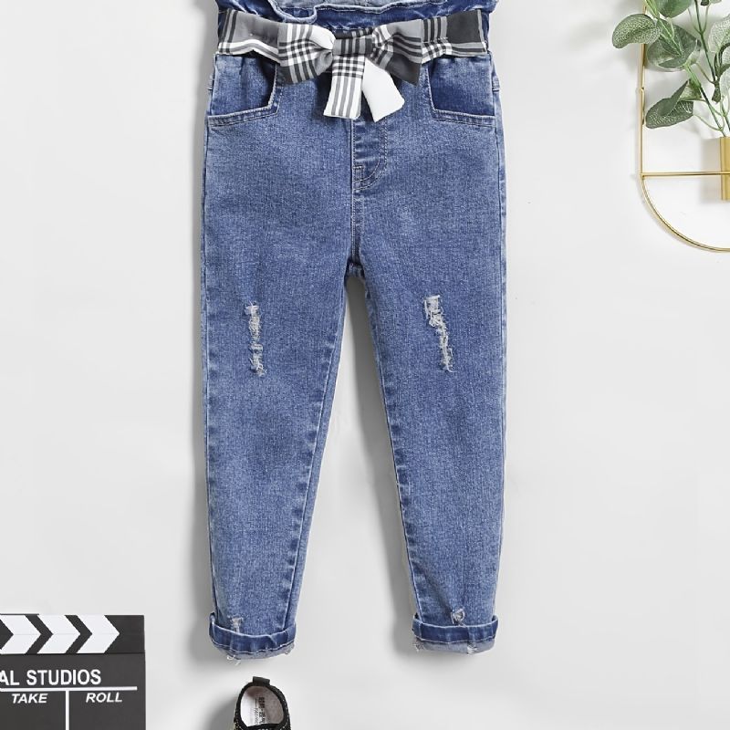 Piger Casual Ripped Denim Jeans Med Plaid Sløjfe Bælte Til Vinter