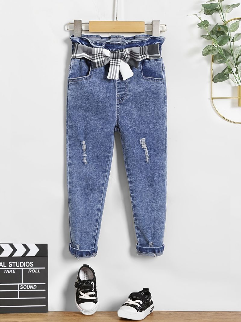 Piger Casual Ripped Denim Jeans Med Plaid Sløjfe Bælte Til Vinter