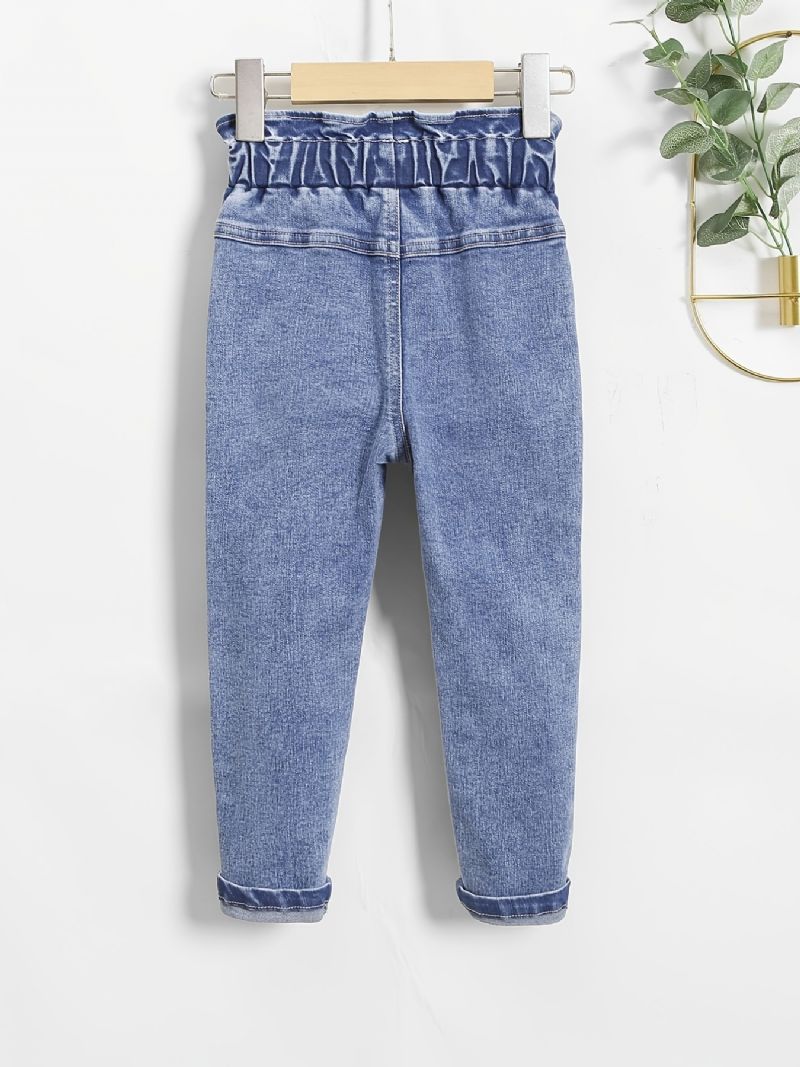 Piger Casual Ripped Denim Jeans Med Plaid Sløjfe Bælte Til Vinter