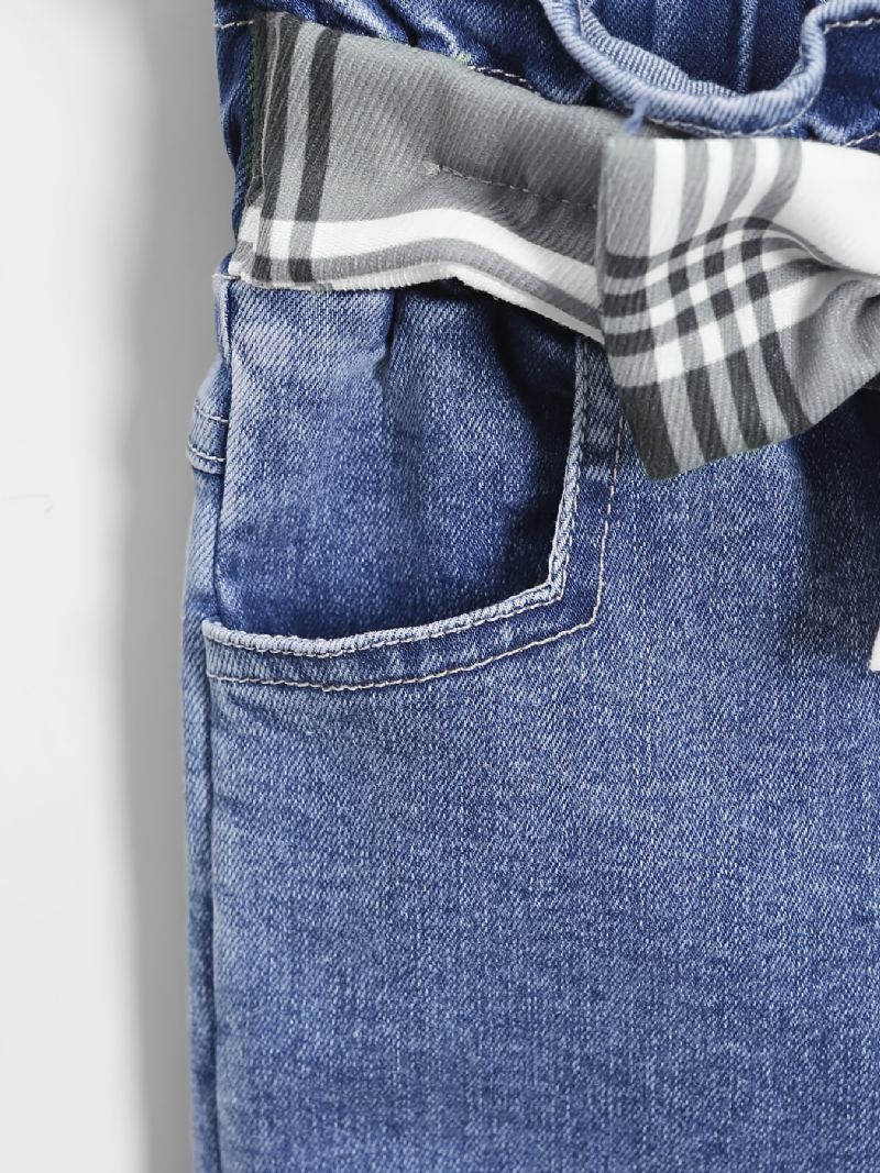 Piger Casual Ripped Denim Jeans Med Plaid Sløjfe Bælte Til Vinter