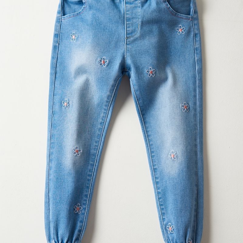 Piger Casual Vintage Elastiske Denim Jeans Med Blomsterbroderi Til Vinter