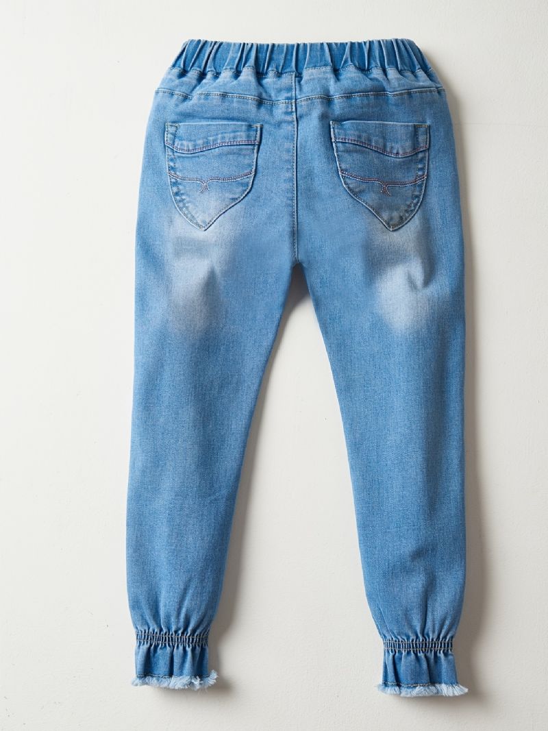 Piger Casual Vintage Elastiske Denim Jeans Med Blomsterbroderi Til Vinter