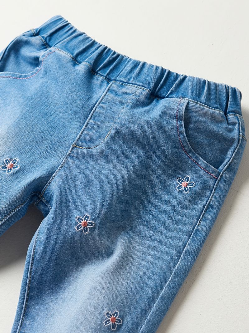 Piger Casual Vintage Elastiske Denim Jeans Med Blomsterbroderi Til Vinter